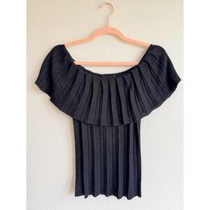 Vintage Arden B Off The Shoulder Pleated Knit Lurex Top in Metallic Black S NWT